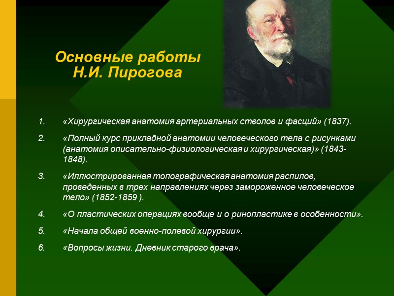 Основные работы Н.И. Пирогова «Хирургическая анатомия артериальных стволов и фасций» (1837). «Полный курс прикладной Основные работы Н.И. Пирогова «Хирургическая анатомия артериальных стволов и фасций» (1837). «Полный курс прикладной